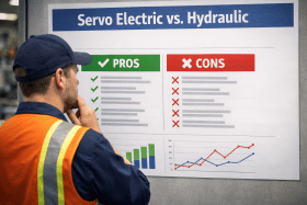 Factory owner reviews wall chart of Pros and Cons for Servo Electric versus Hydraulic Press Brakes