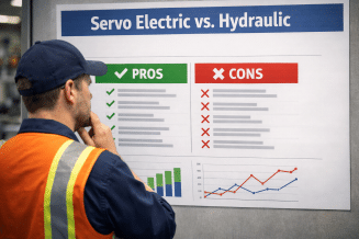 Factory owner reviews wall chart of Pros and Cons for Servo Electric versus Hydraulic Press Brakes
